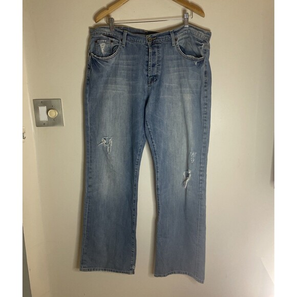 Lucky Brand Men Size 38 x 32 Jeans Distressed Ripped Slim Boot Bottom Blue - Picture 1 of 12